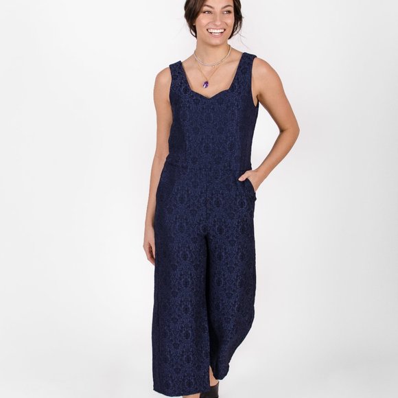 Blue jumpsuit lenght 7/8  jacquard fabric - Picture 1 of 3